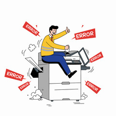 Man on a printer amidst ERROR signs giving a thumbsup