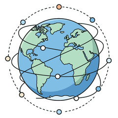 Cartoon globe surrounded by dotted and solid lines connecting circles of orange blue and white