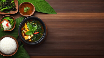 Overhead view showcases appetizing Thai cuisine arranged artfully on a textured wooden table beside fresh green leaves, inviting a culinary experience.