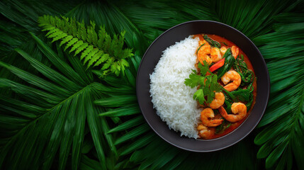 A vibrant dish of shrimp curry with rice and fresh cilantro is presented on a dark plate against a backdrop of lush, tropical green fern leaves adding depth.