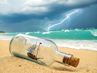 A miniature ship in a glass bottle rests on a sandy beach as lightning strikes over the ocean during a tropical storm, creating a surreal and adventurous scene
