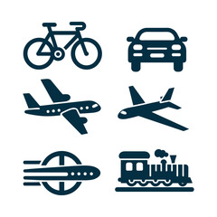 Collection of transportation icons featuring a bicycle, car, airplane, and train on a plain background