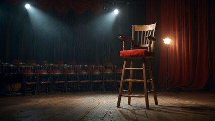 Director chair on the stage with dramatic spotlight. Film studio interior, theatre stage with director chair and lighting