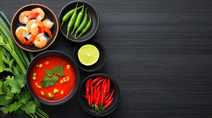 An appetizing arrangement of Thai soup, shrimp, chilies, scallions and lime create a delicious culinary concept on dark wooden backdrop, perfect for a recipe card.