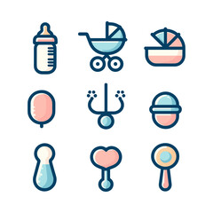 Collection of colorful baby icons including a bottle, stroller, and toys on a white background