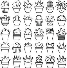 Simple black and white line art illustrations of various potted plants and succulents