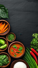 A vibrant Thai red curry with fresh vegetables and rice is displayed on a dark slate background, showcasing the colorful ingredients in wooden bowls creating culinary bliss.