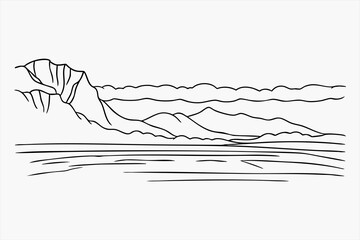 Mountain Line Art Illustration – Hand Drawn Black and White Minimalist Landscape Vector