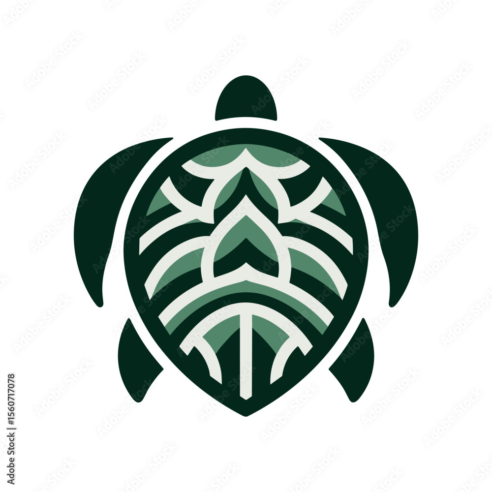 Poster stylized green turtle graphic design with intricate shell patterns, ideal for environmental themes
