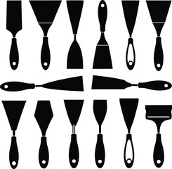 Putty Knife & Spatula Silhouette Vector Icon Set. Versatile Hand Tools for Drywall, Painting, Scraping, and Home Improvement Projects. Construction Equipment.