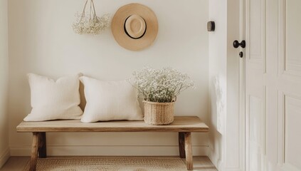 A light and airy hallway, featuring a wooden bench, cream pillows, a straw hat, and small bouquets of dried flowers