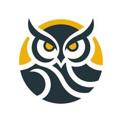 Stylized owl logo with striking eyes and wavy design elements against a circular background