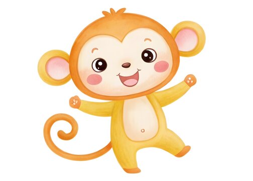 Watercolor cute cartoon yellow monkey isolated on white background