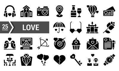 25 Colorful Love Glyph Icons for Valentines Day Designs.