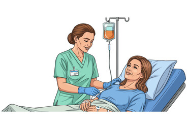 Illustration of a nurse caring for a hospitalized female patient with an IV. Representing clinical care. Nurse Caring for a Female Patient with an IV. Medical Illustration of Hospital Care.