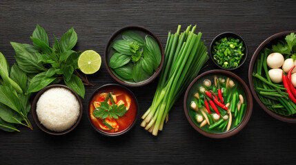 A vibrant assortment of fresh asian ingredients and flavorful soups are arranged artfully on a sleek dark surface ready for prepa delicious meals at home.