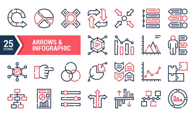 25 Red and Blue Line Arrows & Infographic Icons for Business Presentations.