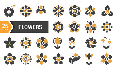 25 Two-Color Flower Glyph Icons for Design Projects.