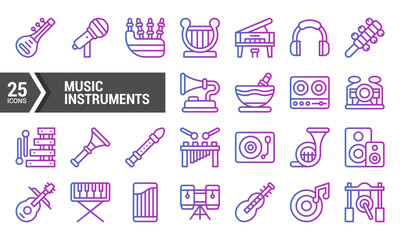 25 Gradient Line Icons of Music Instruments.