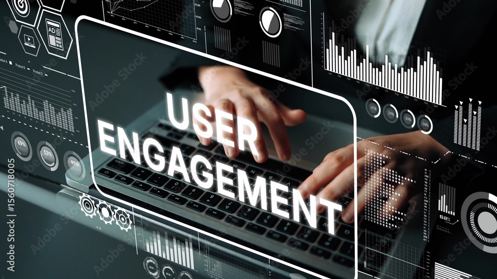Poster digital workspace focusing on user engagement metrics and data visualization in modern technology en