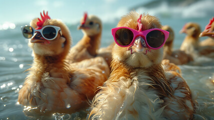 A chicken wearing sunglasses swims in the sea at sunset, surrounded by other chickens, funny surreal scene