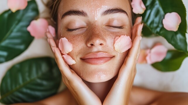Woman enjoying a facial treatment with rose petals and leaves while relaxing at a spa during a peaceful afternoon