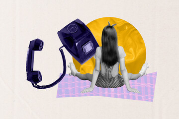 Composite 3d art pop image collage of hipster girl sit back wear roller-skates retro telephone handset call center telecommunication