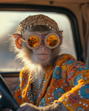Close-up of a fashionable monkey in a retro suit and glasses driving a car, a stylish image with a touch of sarcasm and creativity