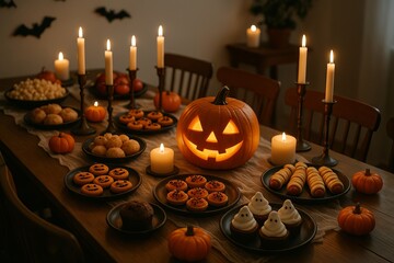 Halloween festive table with carved pumpkin and treats in candlelight setting. concept of spooky celebration, holiday decor, autumn party display