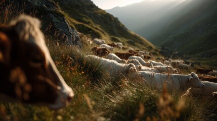 Fototapeta premium Herd of cows peacefully grazing on a green hillside surrounded by mountains during a serene sunset, capturing rural tranquility.