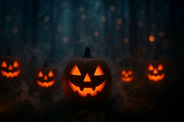 Spooky pumpkin lanterns glowing with eerie light in misty forest setting for halloween celebration. concept of autumn, jack-o'-lantern, holiday atmosphere