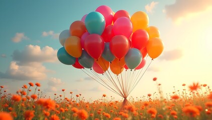 Balloons soar gracefully above a vibrant wildflower field under a sunny, cloud-dotted sky, evoking happiness and freedom, perfect for joyous celebrations and lighthearted themes.