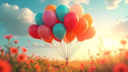 Fototapeta premium A vibrant bunch of colorful balloons floats gracefully above a sunny field of red flowers, creating a whimsical scene filled with joy, freedom, and a sense of celebration.