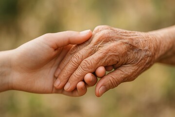 Generational bond, elderly and young hands together symbolizing connection, unity, and family through touch in a heartwarming illustration of love and support