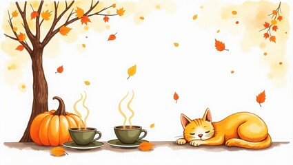 A hand drawn water color illustration of a cozy autumn, hallo ween pumpkin , hallo ween pumpkin on a table ,cat and pumpkin