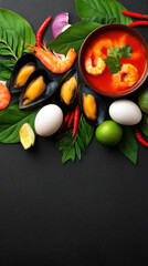An overhead shot showcases a vibrant seafood soup, adorned with shrimp, mussels, eggs, limes, chilies, and lush green leaves on a sleek black surface beneath it all.