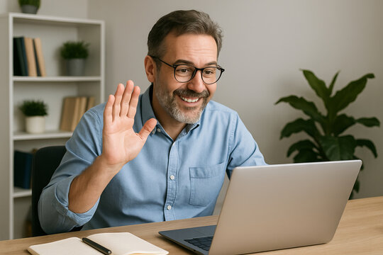 Smiling caucasian man participating in a virtual meeting from home office, waving at laptop. concept of remote work, video conferencing, communication technology.