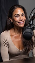 Radio host smiling while recording a podcast episode in a professional studio