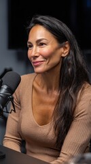 Radio host smiling while recording a podcast episode in a professional studio