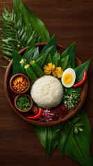 An appetizing close up shot showcases a wooden dish filled with white rice, boiled egg, vegetables, and spices, decorated with green leaves on a wooden background.