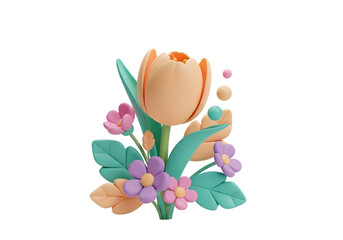 cute pastel 3d spring flower bouquet, isolated on transparent background