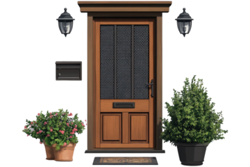 A welcoming entryway of home with a traditional wooden door invites guests into a cozy abode on transparent background