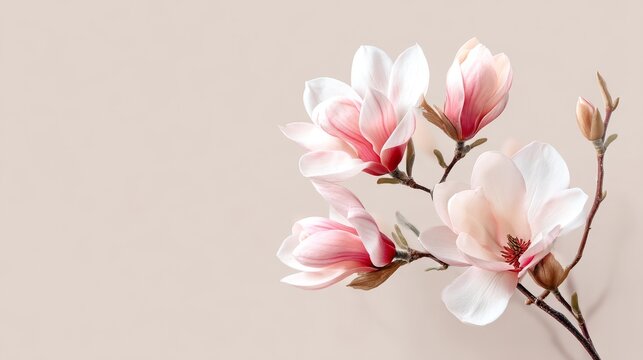 Softly glowing warm light and delicate petals of the gentle pink magnolia blossoms in bloom come together to create an elegant and serene floral setting