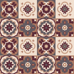 Seamless tile design featuring symmetrical floral motifs. Intricate geometric pattern with earthy tones