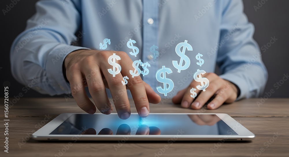 Poster man touching a digital tablet screen with dollar symbols floating above it signifying financial gain