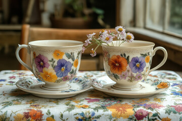 cups with flowers on a table