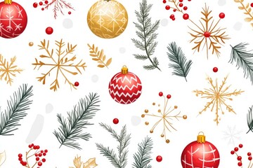 Festive Christmas pattern with ornaments, snowflakes, and greenery on a white background