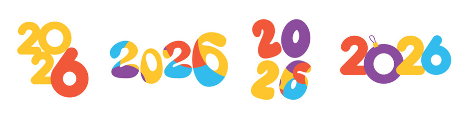Happy New Year 2026, hand-drawn set of colorful inscriptions, typographic compositions. Cute rounded letters, a Christmas ball instead of a number