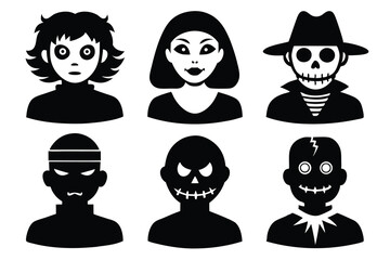 Halloween character silhouettes with spooky zombie and vampire faces