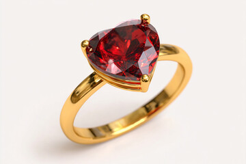 A photorealistic minimalist gold ring with a heart-cut ruby